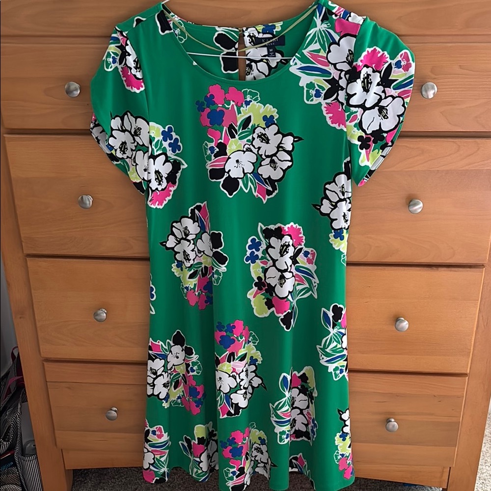 Kaari Blue Green Floral Swing Dress with Short Sleeves